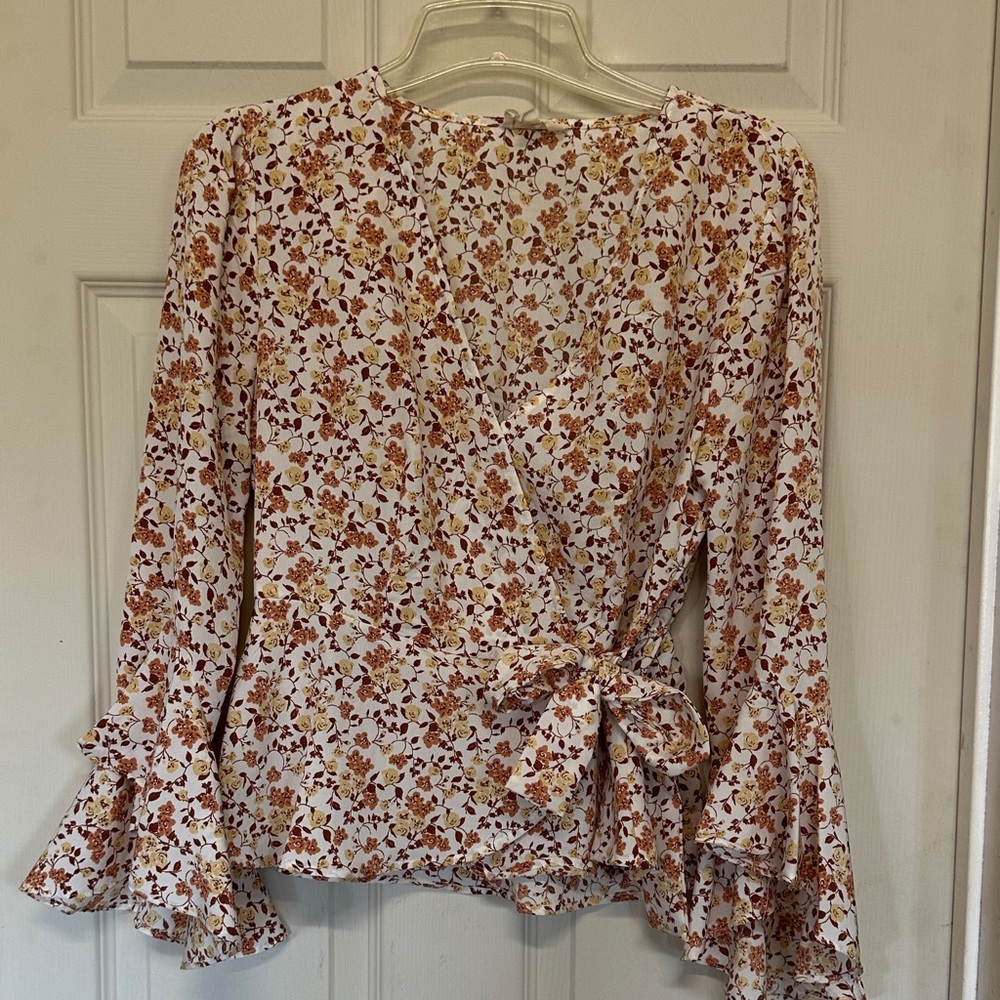 Meraki Floral Wrap Blouse in Cream and Brown